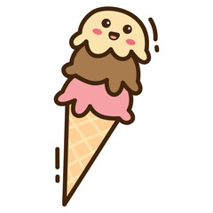 Cartoon Ice Cream Cone Stacked with Flavors and Happy Face on Transparent Background