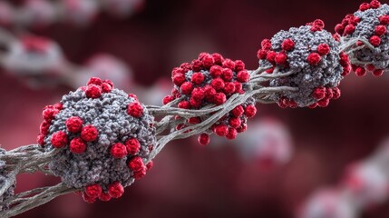 Detailed Close-Up of Viral Structures Showcasing Red Spikes on a Gray Base in a Microscopic View of Cellular Interactions in an Abstract Environment