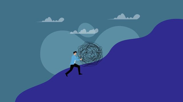 Businessman Pushing a Tangled Mess or Problem Up a Steep Hill Sisyphus Task and Overcoming Difficulty Concept cartoon animation
