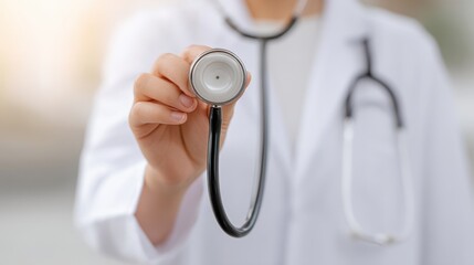 Close-up of a medical professional holding a stethoscope in a clinical setting with a blurred background, symbolizing healthcare and patient care.