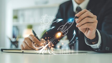 Businessman drawing a digital rocket ship symbolizing business growth and innovative startup success