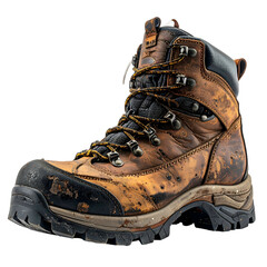 Weathered leather work boot, well-worn, with dark accents, laces, and a durable sole