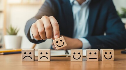Customer service representative selecting a happy face emoji cube to represent positive feedback and satisfaction