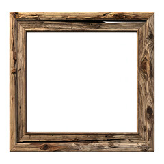 Rustic square wooden frame with a bright white center, isolated on a black background