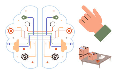 Brain symbolic neural connections, hand pointing gesture, organized desk with categorized folders. Ideal for technology, AI, knowledge, organization, decision-making productivity education. Simple