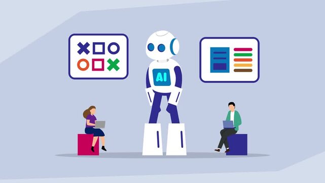 Artificial Intelligence (AI) and Machine Learning in Data Classification and Problem Solving. Robot Processing Information with Human Interaction cartoon animation
