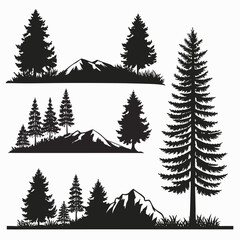 Fototapeta premium Evergreen Trees and Mountains Silhouettes Set Keywords: evergreen, trees, mountains, silhouette