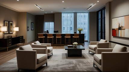 Stylish office lounge area with sleek furniture and soft lighting 