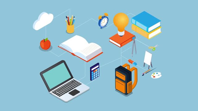 E-learning and Remote Education Concept with Laptop, Books, and School Supplies Connected by Lines 3d animation cartoon