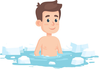 Man enjoying a cold ice bath in a pool surrounded by ice cubes isolated on transparent background. Vector illustration.