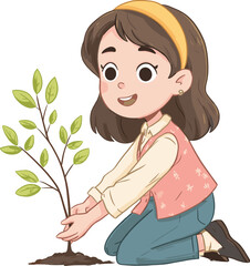 Girl plants a small tree in a garden isolated on transparent background. Vector illustration.