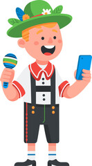 Young performer in traditional attire singing and using a smartphone during a lively festival celebration isolated on transparent background. Vector illustration.