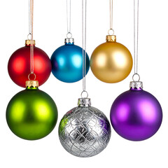Six colorful, round ornaments hang, each unique in color and texture, against black