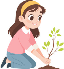 Young girl planting a small tree isolated on transparent background. Vector illustration.