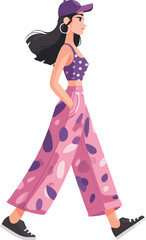 Fashionable young woman walking in stylish casual outfit isolated on transparent background. Vector illustration.