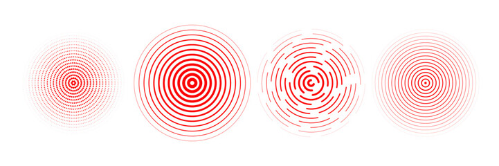Red radial concentric circle set. Rippled, dashed and dotted rings for epicenter, target, radar, earthquake shockwave symbols. Sound wave signal collection. Vector expansive vibration elements
