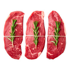 Three raw beef steaks garnished with rosemary sprigs, tied with twine, isolated on black
