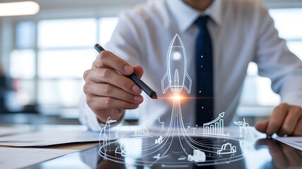 Businessman pointing to a holographic rocket ship launching upwards with a growing financial graph overlay