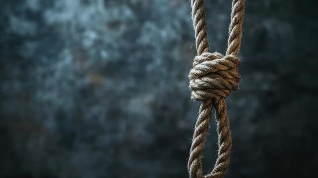 Worn rope tied in loose noose knot, hanging against textured background