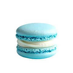 Close-up of a single, perfectly formed light blue macaron with creamy white filling against black
