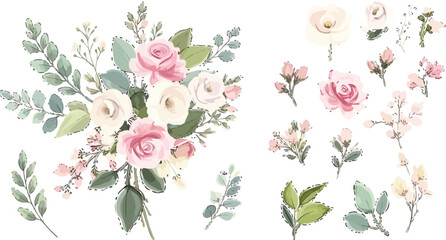 Elegant pink and white roses with delicate greenery elements for stunning wedding invitations and romantic designs, perfect for spring projects or feminine branding