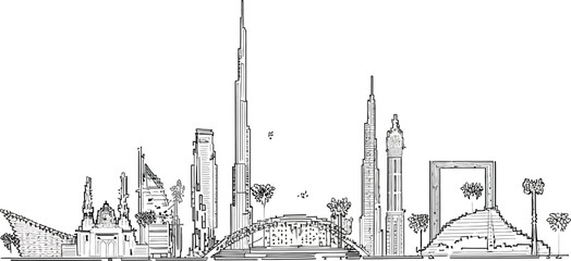 Elegant architectural skyline drawing of Dubai's iconic landmarks in black and white for a modern design project or sophisticated travel blog post