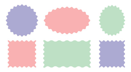 Wavy zigzag hand drawn colorful frames. Curved rectangle edge frame. Squiggle curve shapes frame box. Set of zigzag and wavy edge stickers in rectangle, oval and circle shapes. Vector jagged geometric