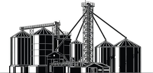 Striking monochrome vector illustration of a grain elevator complex, perfect for agricultural or industrial design projects and conveying themes of production