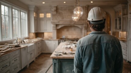 Construction worker in the kitchen