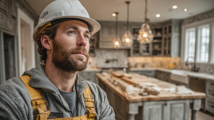 Construction worker in the kitchen