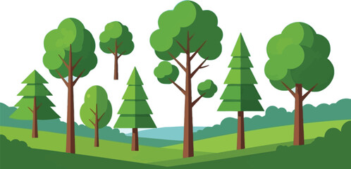 Lush cartoon forest landscape with evergreen trees and rolling hills under a bright blue sky evokes a sense of serenity and natural beauty