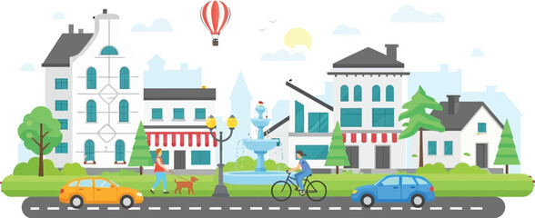 Charming city street scene perfect for lifestyle blogs and neighborhood guides, showing a dog walker, cyclist, cars, hot air balloon, and happy vibes
