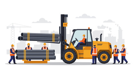 Construction workers and forklift operating with pipes