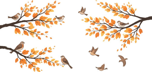 Delightful autumn scene with birds perched on branches and leaves falling in the wind conveys a sense of peace and seasonal beauty for your creative projects