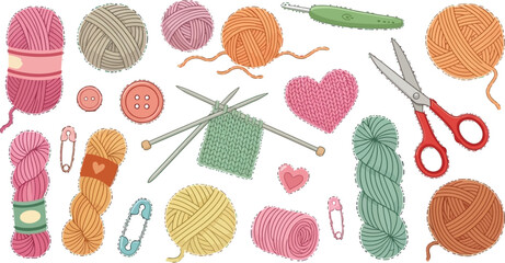 Colorful knitting and crochet supplies create a cheerful crafting scene, perfect for handmade projects and cozy winter designs, inspiring creativity and warmth