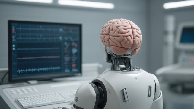 Innovative humanoid robot with a brain-shaped head analyzing data on a computer in a modern, high-tech medical environment showcasing advanced technology