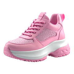 A stylish, pastel pink and white women's sneaker with a chunky sole on a black background