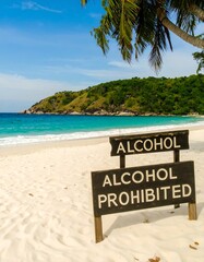 Tropical beach with alcohol prohibition sign