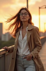 Woman Standing on Windy Bridge During Golden Hour - Cinematic Editorial Portrait