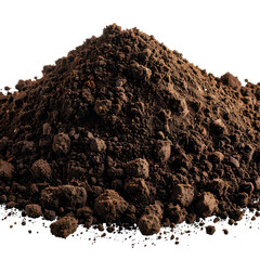 A realistic image of a dark brown pile of soil, isolated against a solid black background