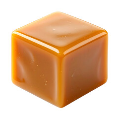 Close-up of a single, perfectly square caramel candy with a glossy, amber surface