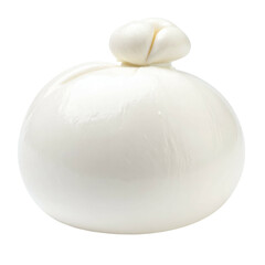 A large, white, spherical cheese with a small, knotted top, isolated on black