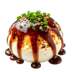Gourmet deviled egg halved, filled with textured filling, drizzled, garnished, against black