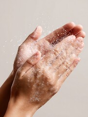 Fototapeta premium two hands rubbing sanitizer gel together, hygiene skincare advertising