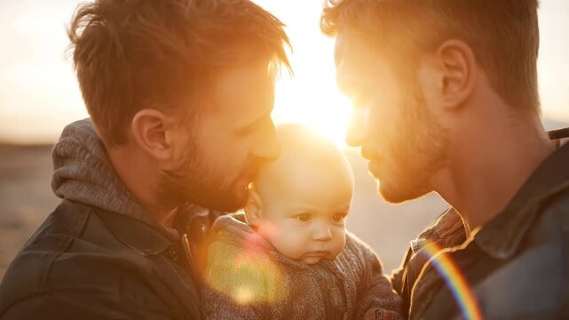 Loving gay dad and baby outdoors at sunset with warm light, tender family love, gentle expressions, and rainbow flare showing deep affection