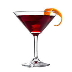 A stemmed martini glass holds a ruby-red cocktail, garnished with an orange peel