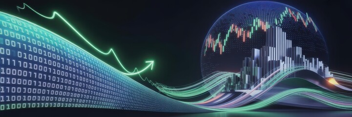 Futuristic Financial Technology Background with Digital Stock Market Graphs, City Skyline, and Binary Code Data Flow