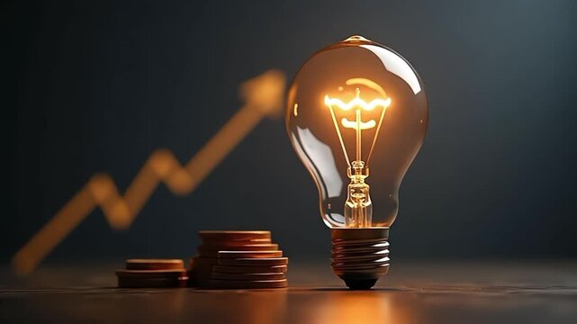 Glowing light bulb with coins and a rising graph symbolizing increasing electricity costs