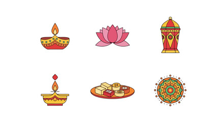 Vibrant Diwali Celebration Icons Featuring Traditional Elements for Festival Greetings and Cultural Event Promotions for use in graphic design projects.