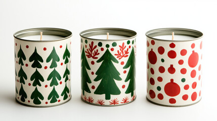 Christmas candle tin, festive tree and ornament pattern, red green white, holiday decor, cheerful mood